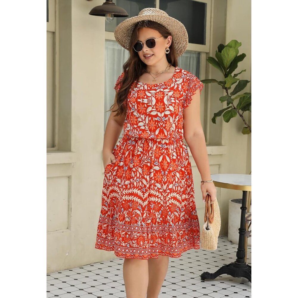 Plus Size Wedding Guest Midi Dress Floral Tiered Boho Sundress with Pockets - Picture 2 of 7